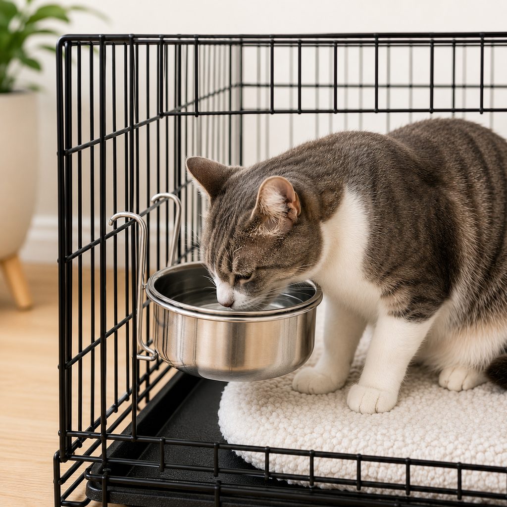 Hanging Crate Pet Bowl – No-Tip Kennel Feeding