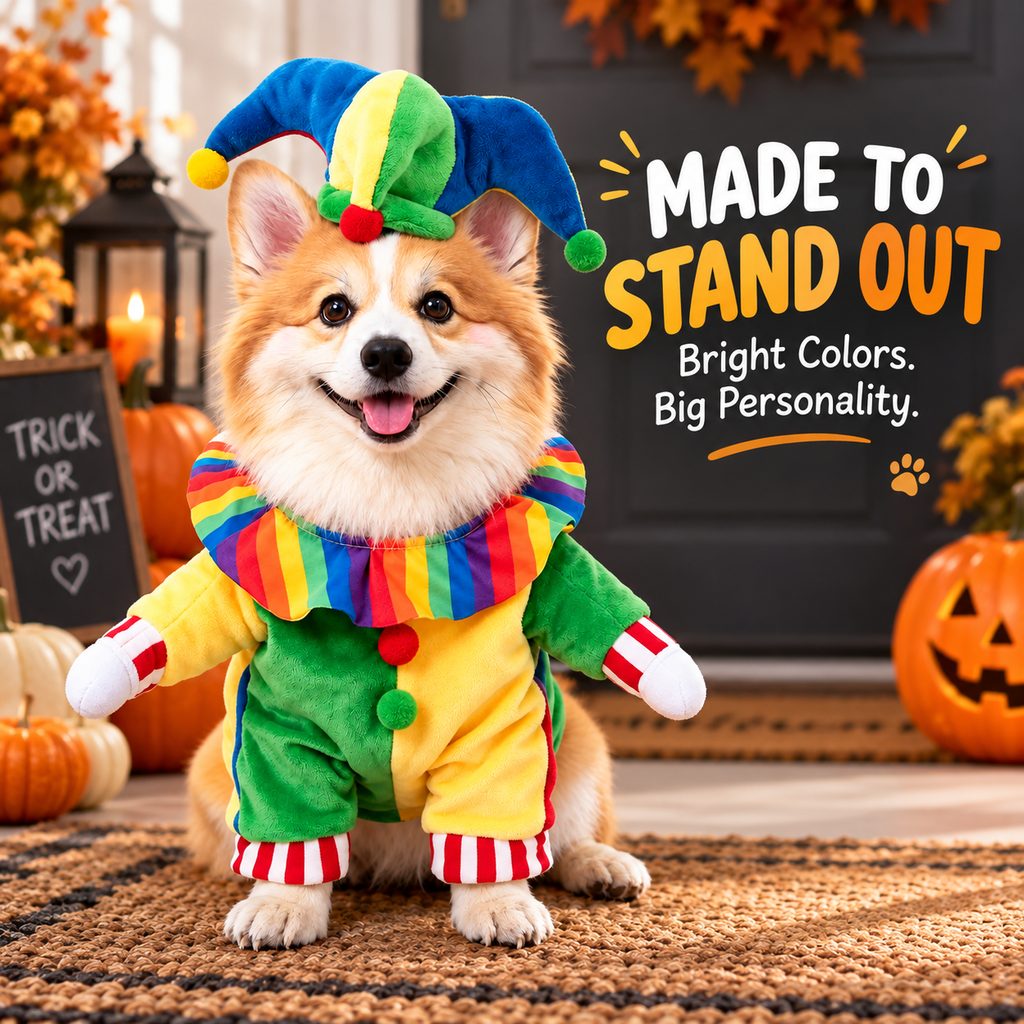 Jester Clown Dog Costume – Hat & Fake Arms