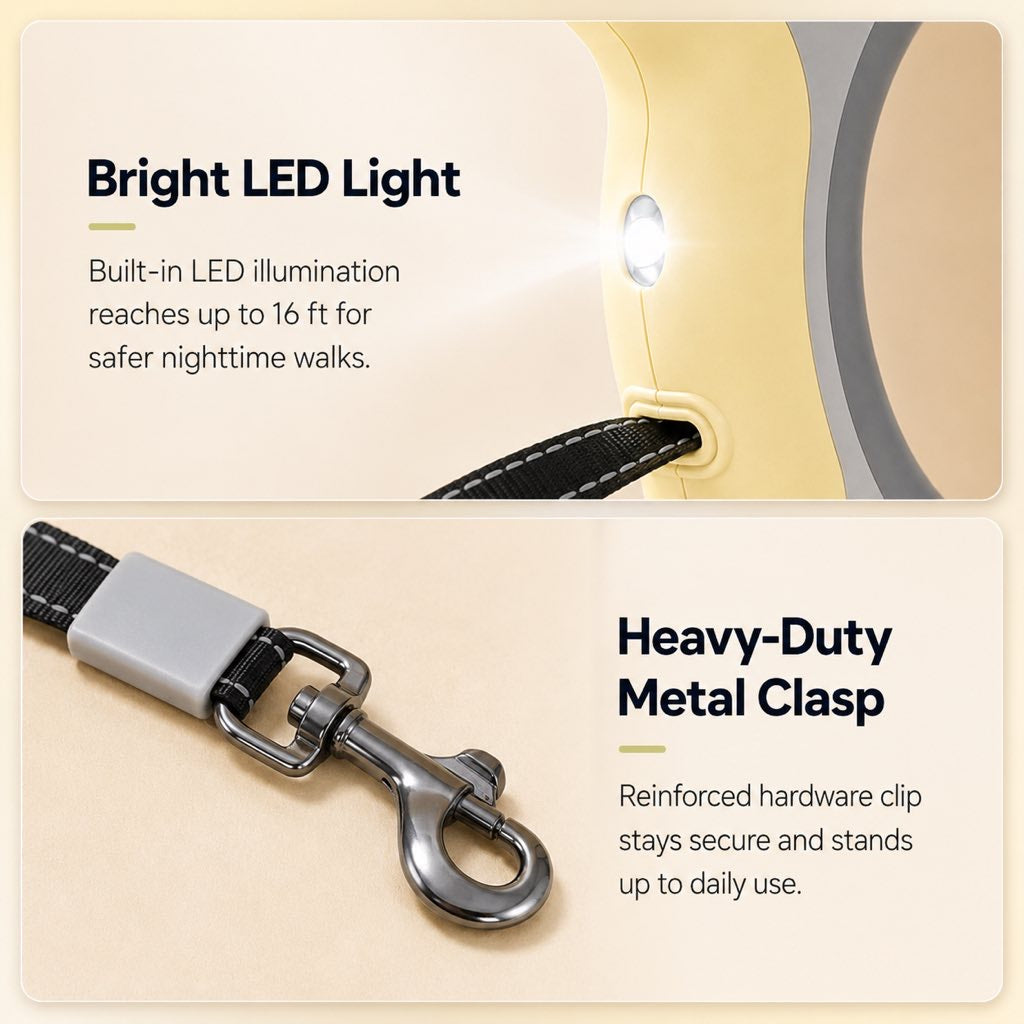 Retractable Dog Leash – LED Light & One-Touch Brake