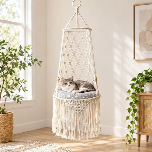 Macrame Hanging Cat Bed – Boho Space-Saving Hammock