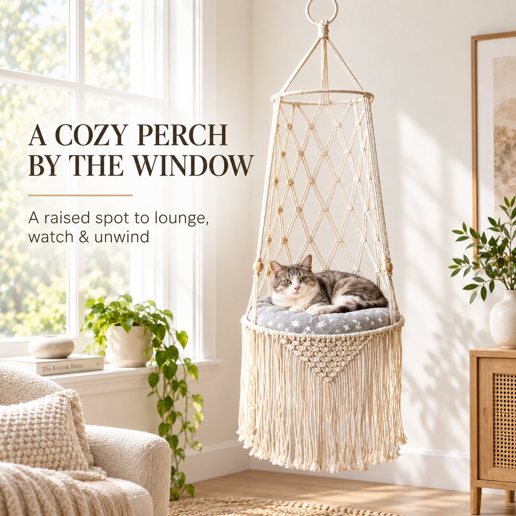 Macrame Hanging Cat Bed – Boho Space-Saving Hammock
