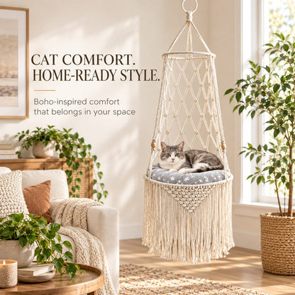 Macrame Hanging Cat Bed – Boho Space-Saving Hammock