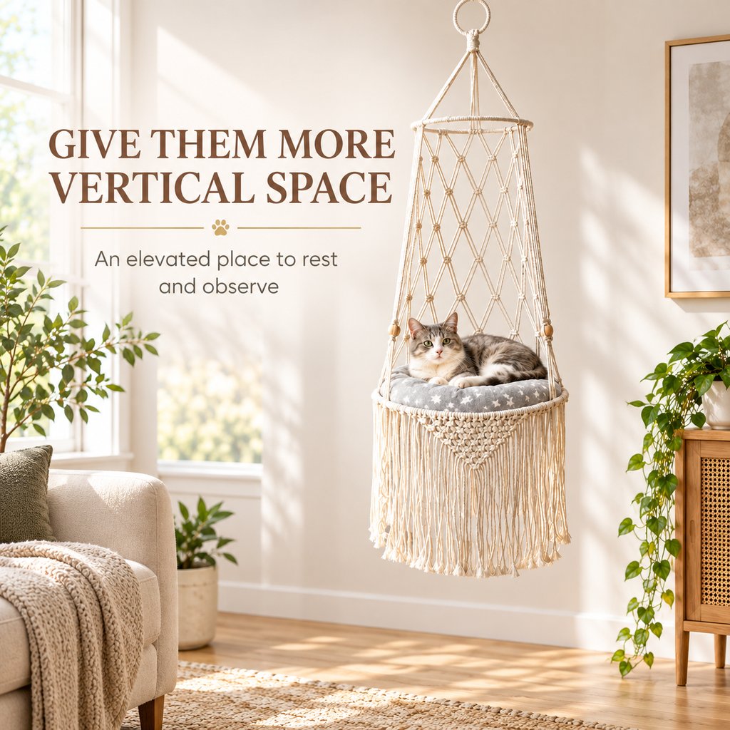 Macrame Hanging Cat Bed – Boho Space-Saving Hammock