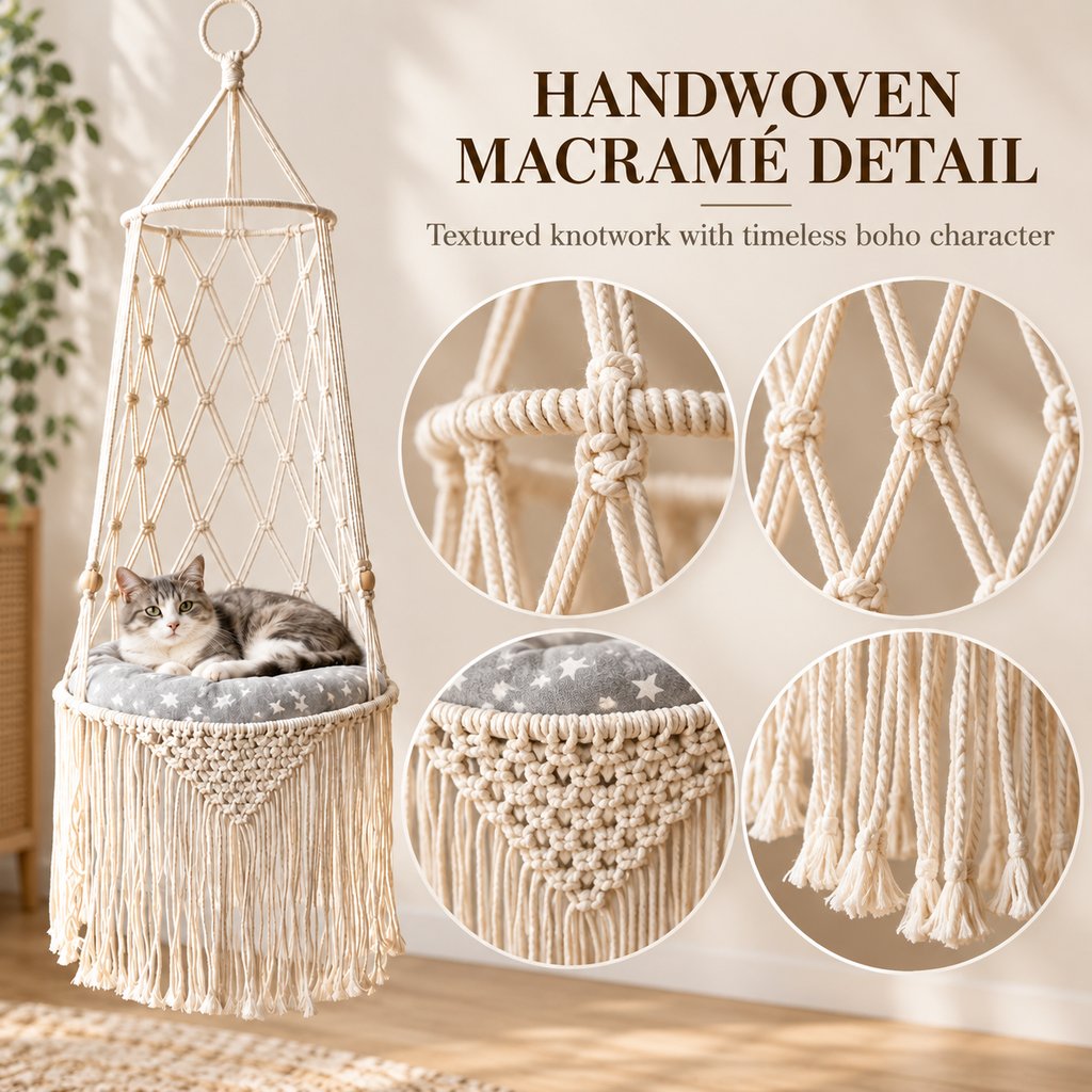 Macrame Hanging Cat Bed – Boho Space-Saving Hammock