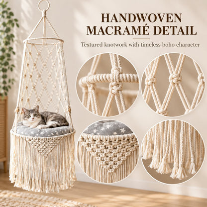 Macrame Hanging Cat Bed – Boho Space-Saving Hammock