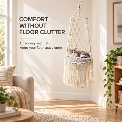 Macrame Hanging Cat Bed – Boho Space-Saving Hammock