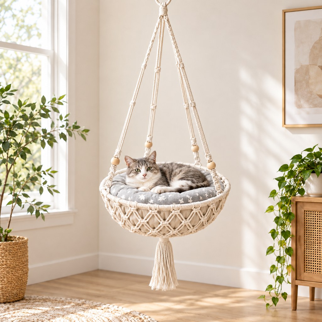 Macrame Hanging Cat Bed – Boho Space-Saving Hammock