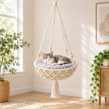 Macrame Hanging Cat Bed – Boho Space-Saving Hammock