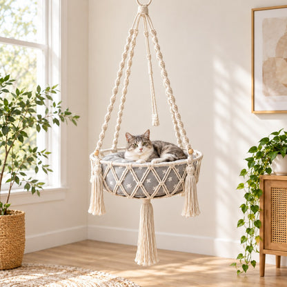 Macrame Hanging Cat Bed – Boho Space-Saving Hammock
