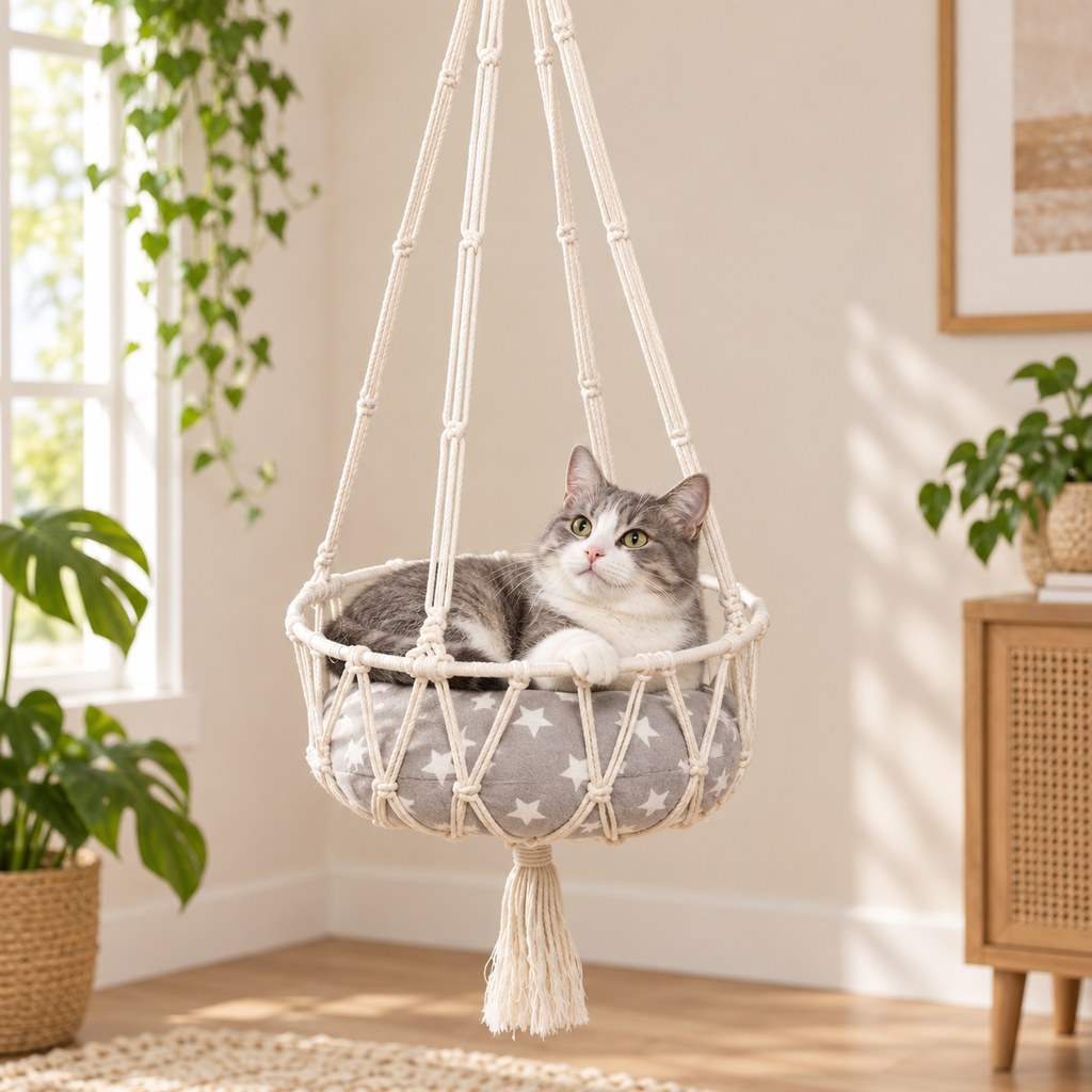 Macrame Hanging Cat Bed – Boho Space-Saving Hammock