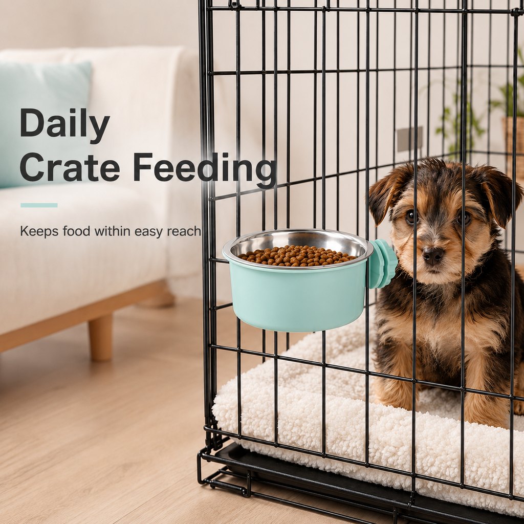 Crate-Mounted Steel Pet Bowl – Spill-Free Kennel Feeding