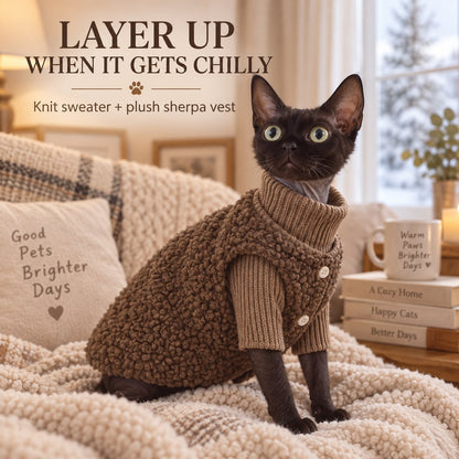 Cat Turtleneck Sweater & Sherpa Vest – Warm Layers