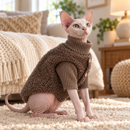 Cat Turtleneck Sweater & Sherpa Vest – Warm Layers