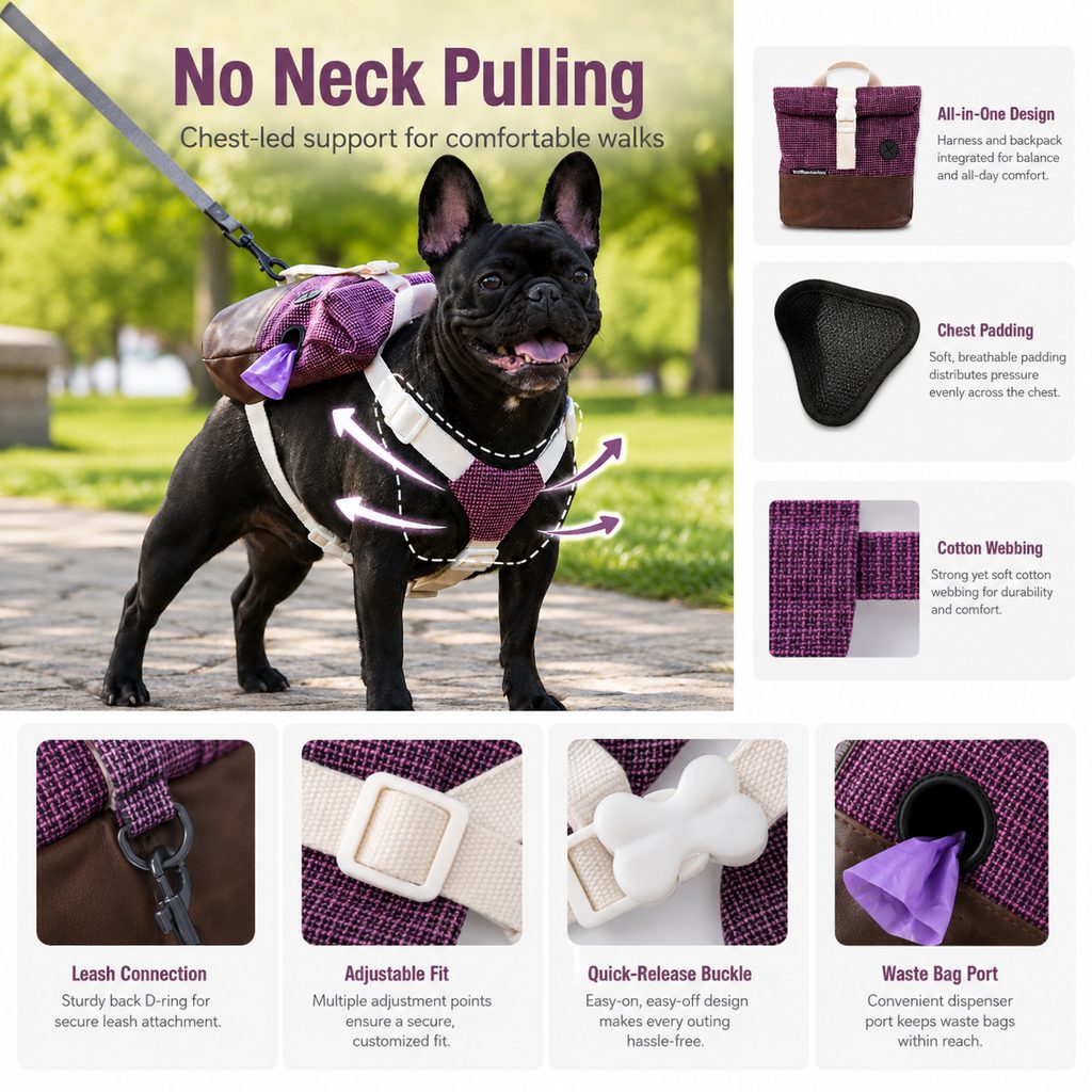 Frenchie Backpack Harness – No Neck Pulling, Carry Essentials