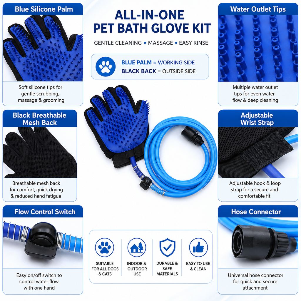 Pet Bathing Glove with Hose – Easy One-Hand Washing