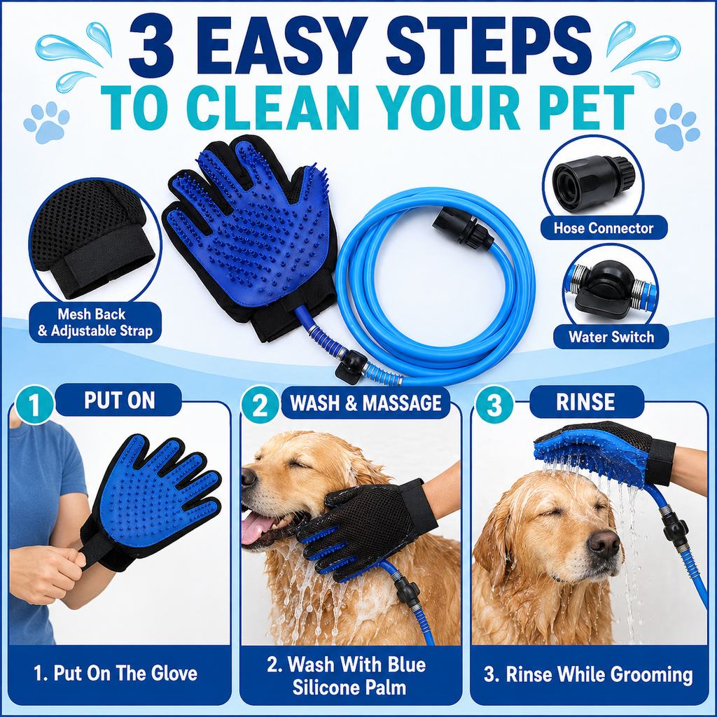 Pet Bathing Glove with Hose – Easy One-Hand Washing