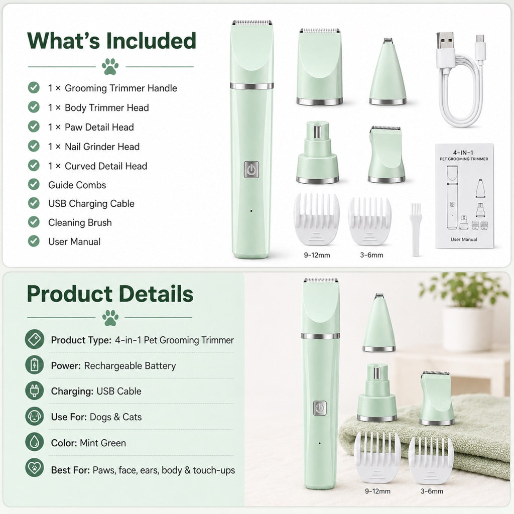 4-in-1 Cordless Pet Trimmer – Quiet At-Home Touch-Ups