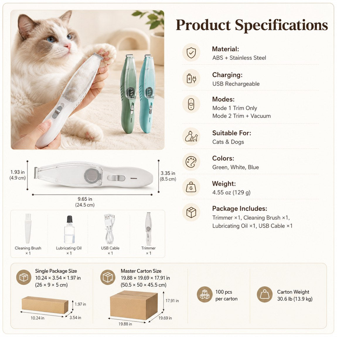 Pet Paw Trimmer with Vacuum – Low-Noise, Mess-Free