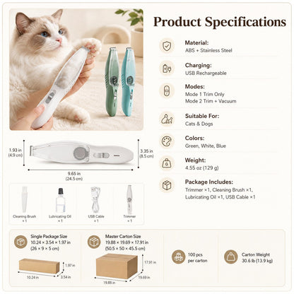 Pet Paw Trimmer with Vacuum – Low-Noise, Mess-Free