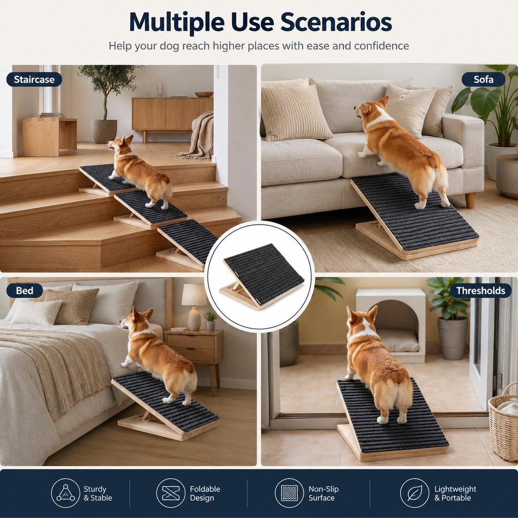 Foldable Wooden Dog Stairs – Non-Slip Sofa & Bed Access