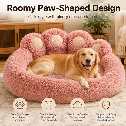 Paw-Shaped Plush Dog Bed – Raised Bolster Comfort
