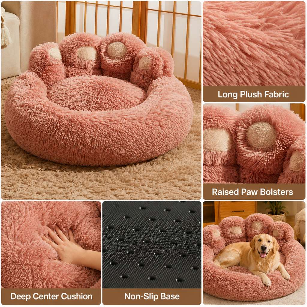 Paw-Shaped Plush Dog Bed – Raised Bolster Comfort