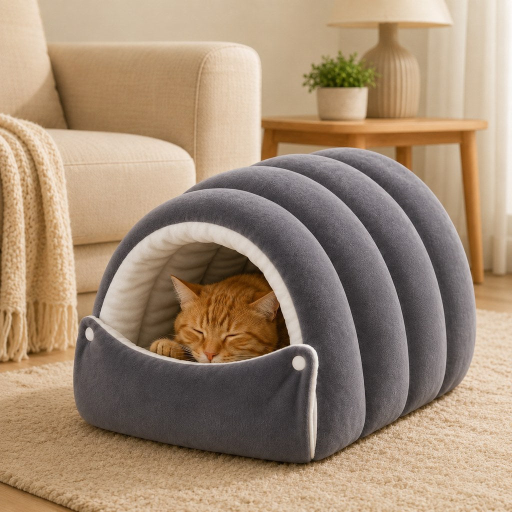 Plush Cat Cave Bed – Cozy Semi-Enclosed Hideaway