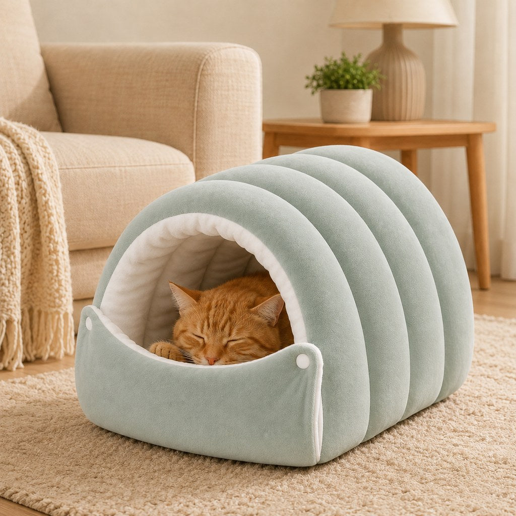Plush Cat Cave Bed – Cozy Semi-Enclosed Hideaway