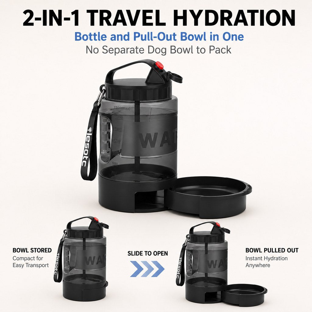 2.2L Dog Travel Water Bottle – Pull-Out Bowl