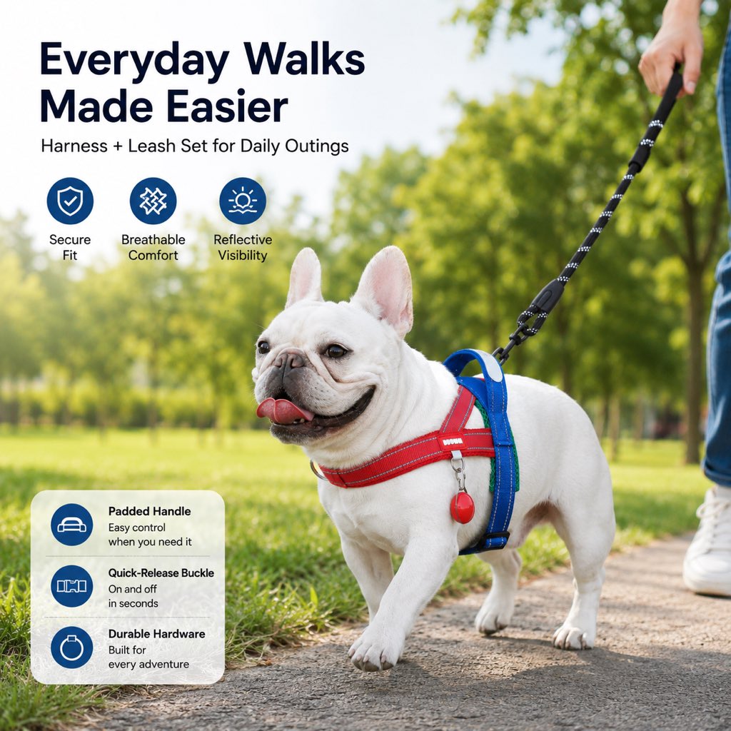 No-Choke Frenchie Harness & Leash Set – Reflective Control