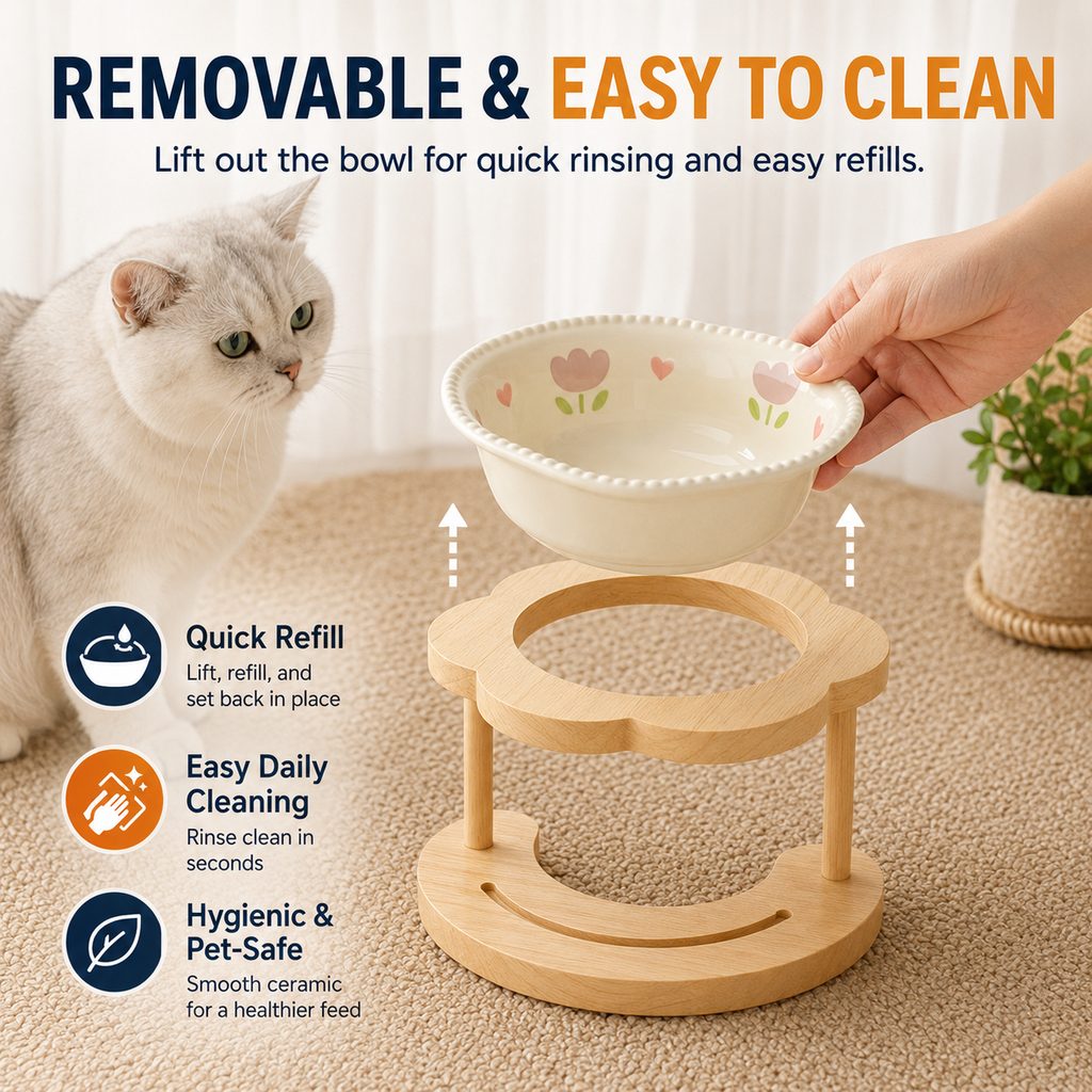 Elevated Ceramic Pet Bowl – Wooden Stand