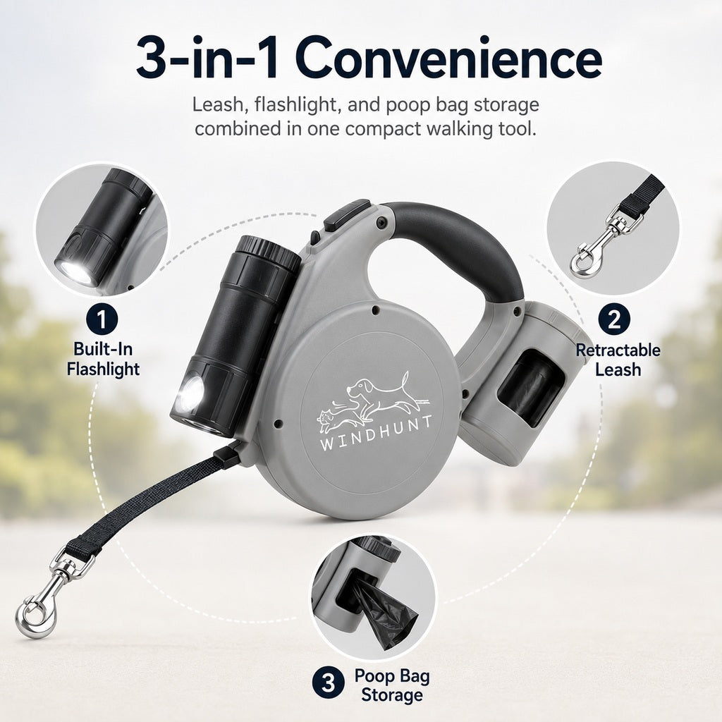 3-in-1 Retractable Dog Leash – Flashlight & Bag Holder