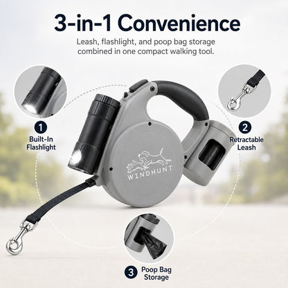 3-in-1 Retractable Dog Leash – Flashlight & Bag Holder