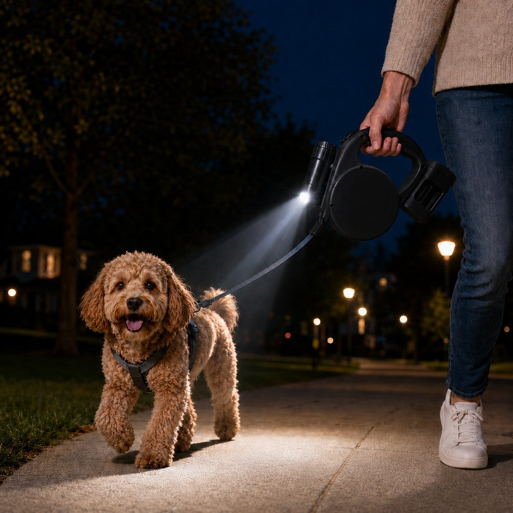3-in-1 Retractable Dog Leash – Flashlight & Bag Holder