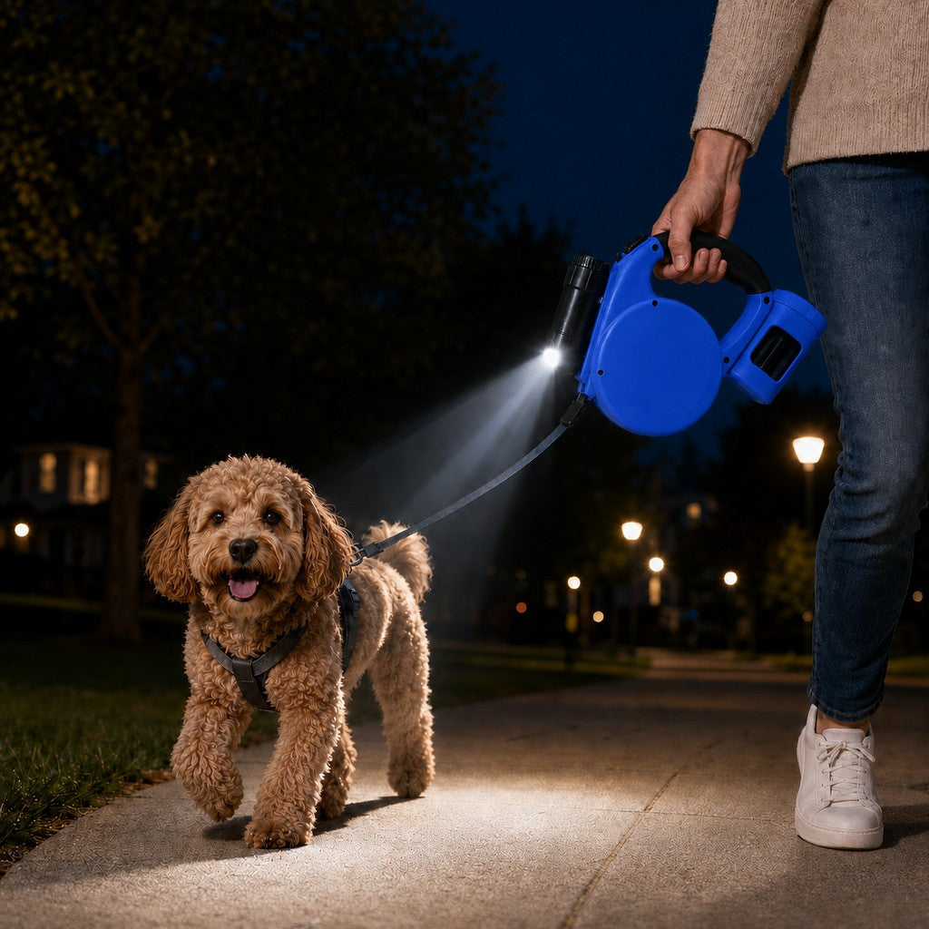 3-in-1 Retractable Dog Leash – Flashlight & Bag Holder