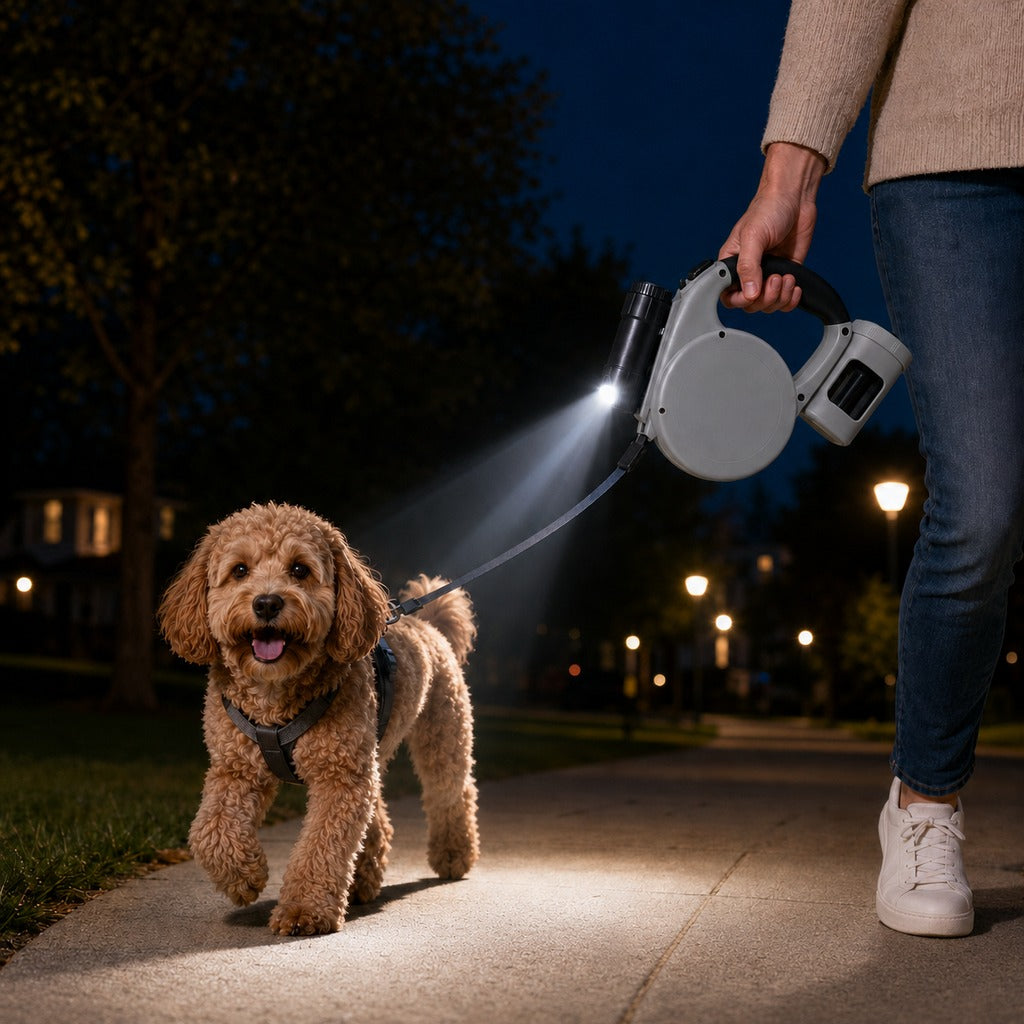 3-in-1 Retractable Dog Leash – Flashlight & Bag Holder