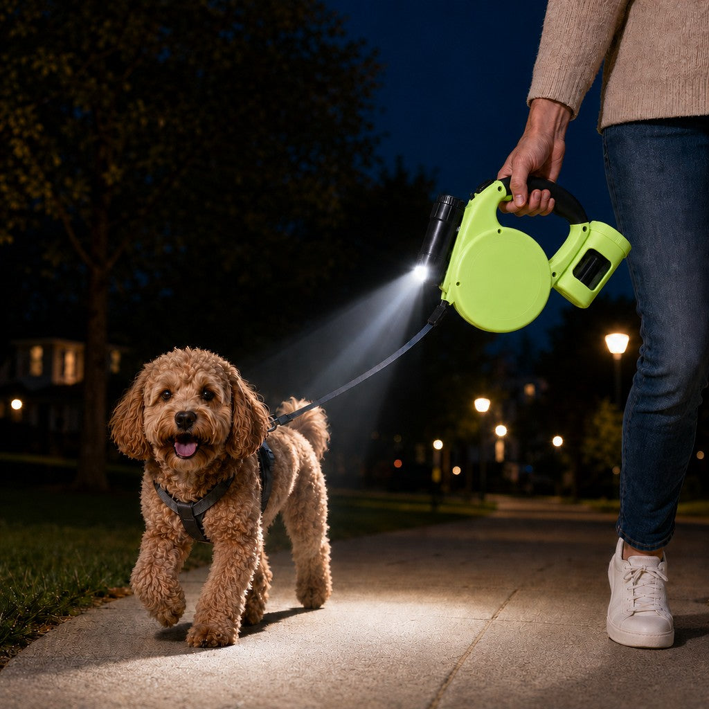 3-in-1 Retractable Dog Leash – Flashlight & Bag Holder