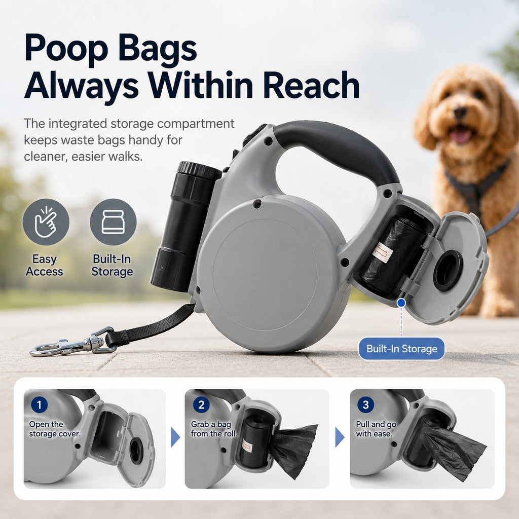 3-in-1 Retractable Dog Leash – Flashlight & Bag Holder