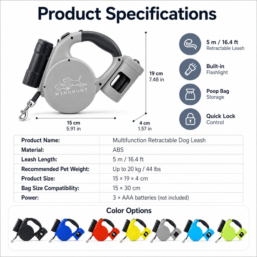 3-in-1 Retractable Dog Leash – Flashlight & Bag Holder