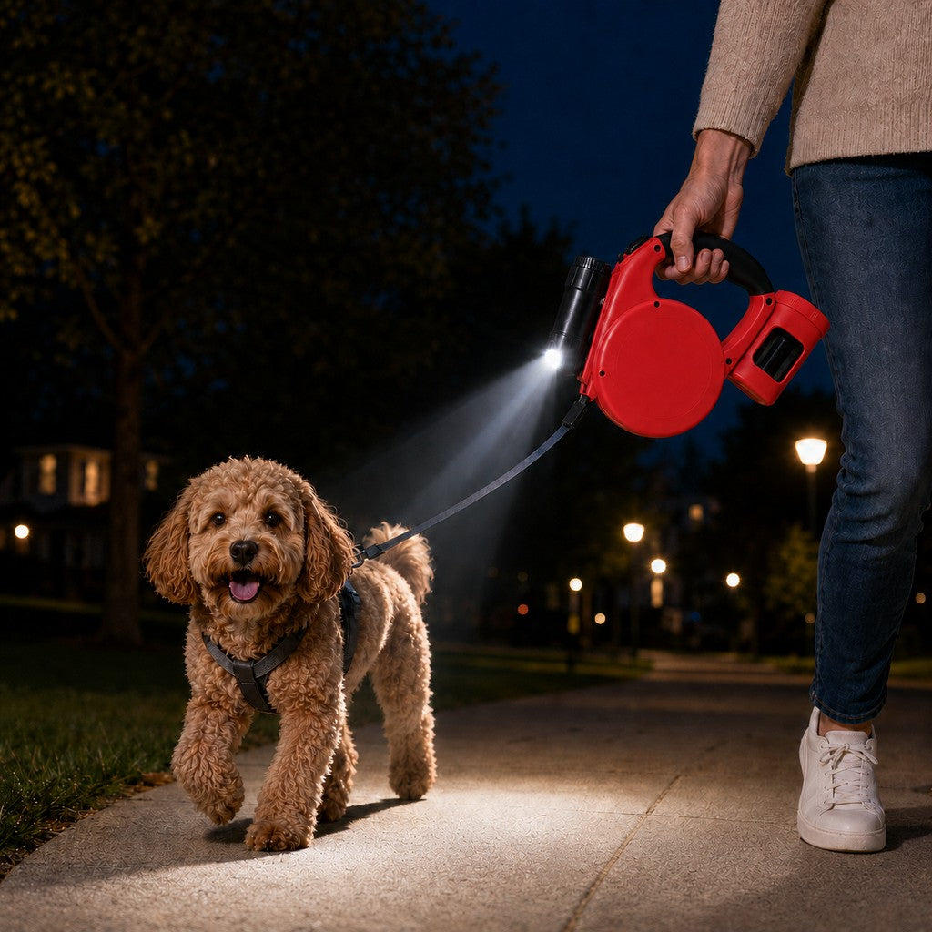 3-in-1 Retractable Dog Leash – Flashlight & Bag Holder