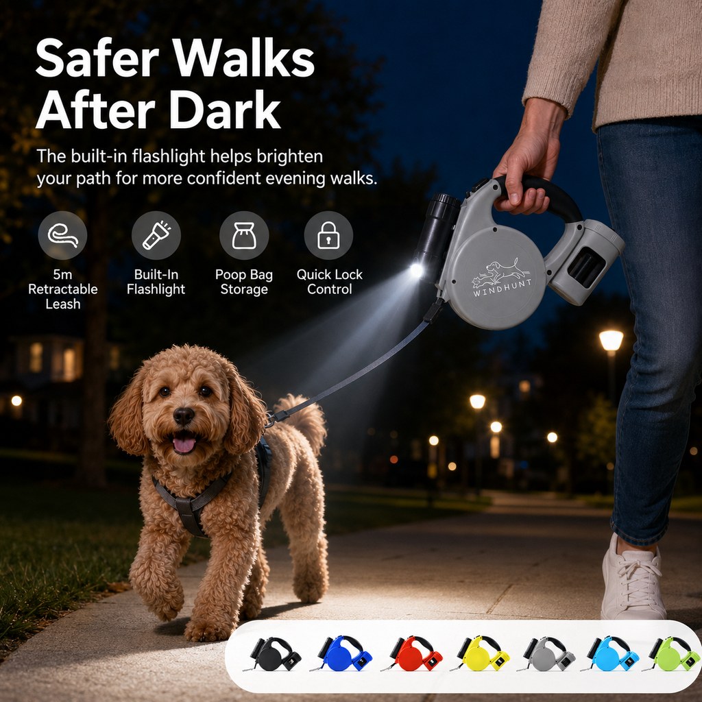 3-in-1 Retractable Dog Leash – Flashlight & Bag Holder