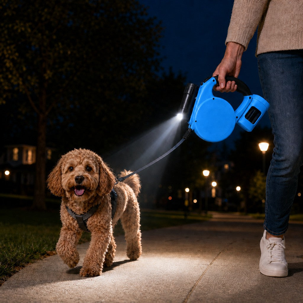 3-in-1 Retractable Dog Leash – Flashlight & Bag Holder