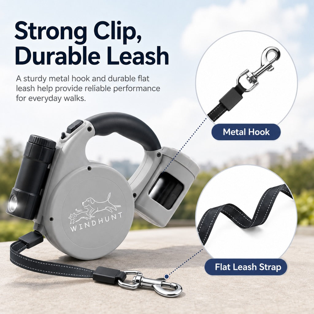 3-in-1 Retractable Dog Leash – Flashlight & Bag Holder