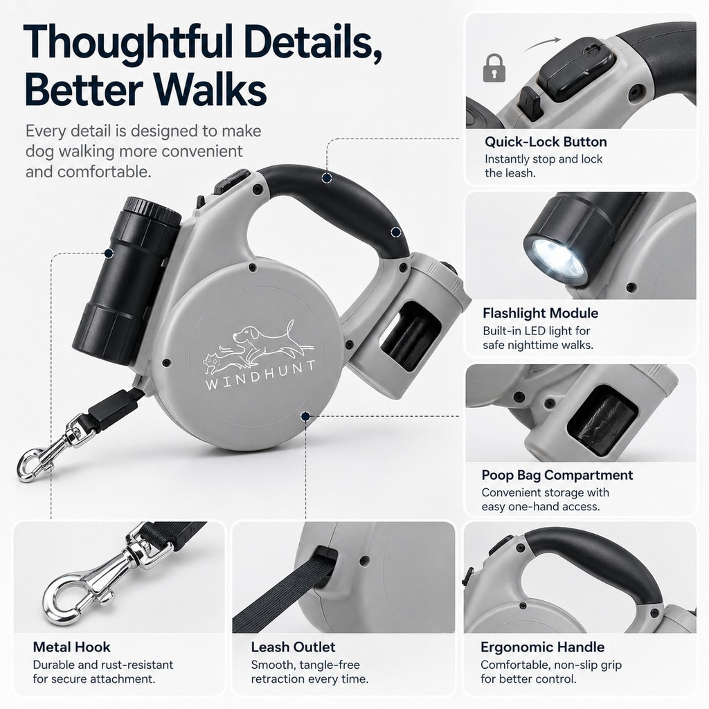 3-in-1 Retractable Dog Leash – Flashlight & Bag Holder