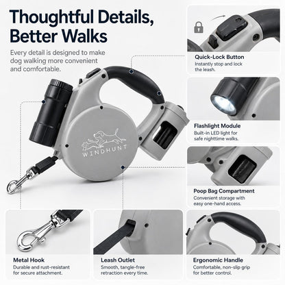 3-in-1 Retractable Dog Leash – Flashlight & Bag Holder
