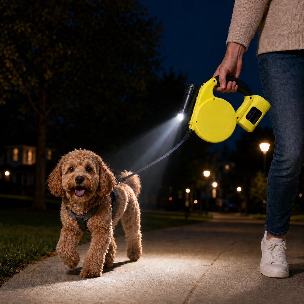 3-in-1 Retractable Dog Leash – Flashlight & Bag Holder
