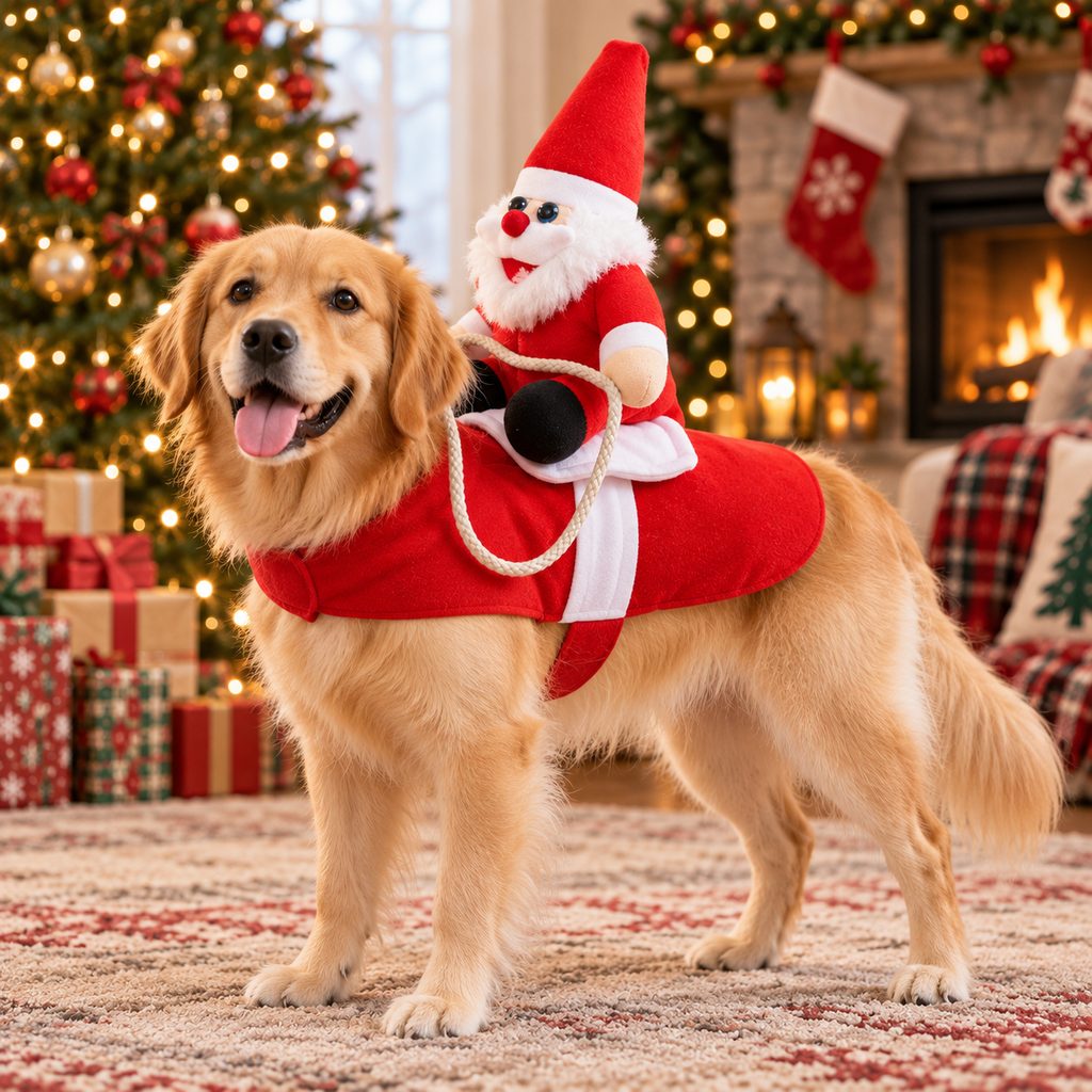 Santa Rider Pet Costume – Funny Christmas Photos