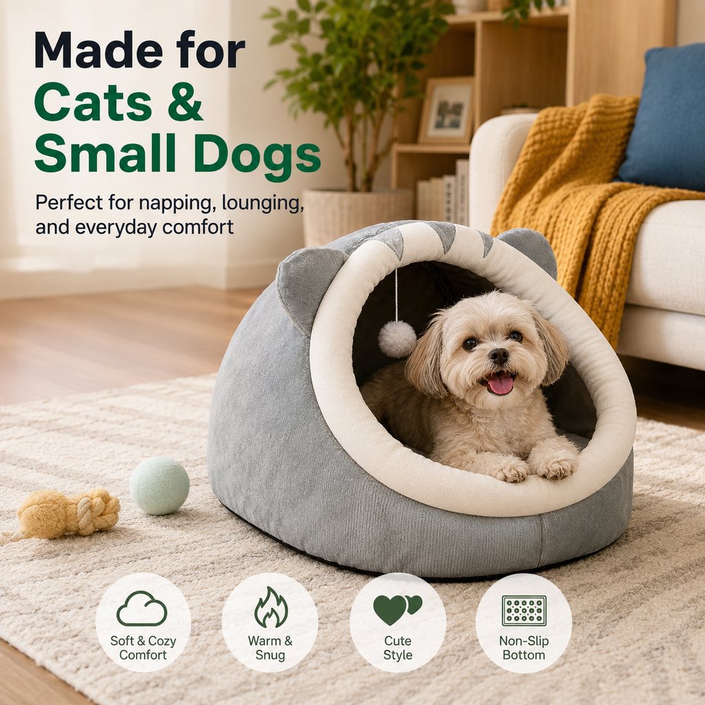 Semi-Enclosed Plush Pet Bed – Cozy Hideaway