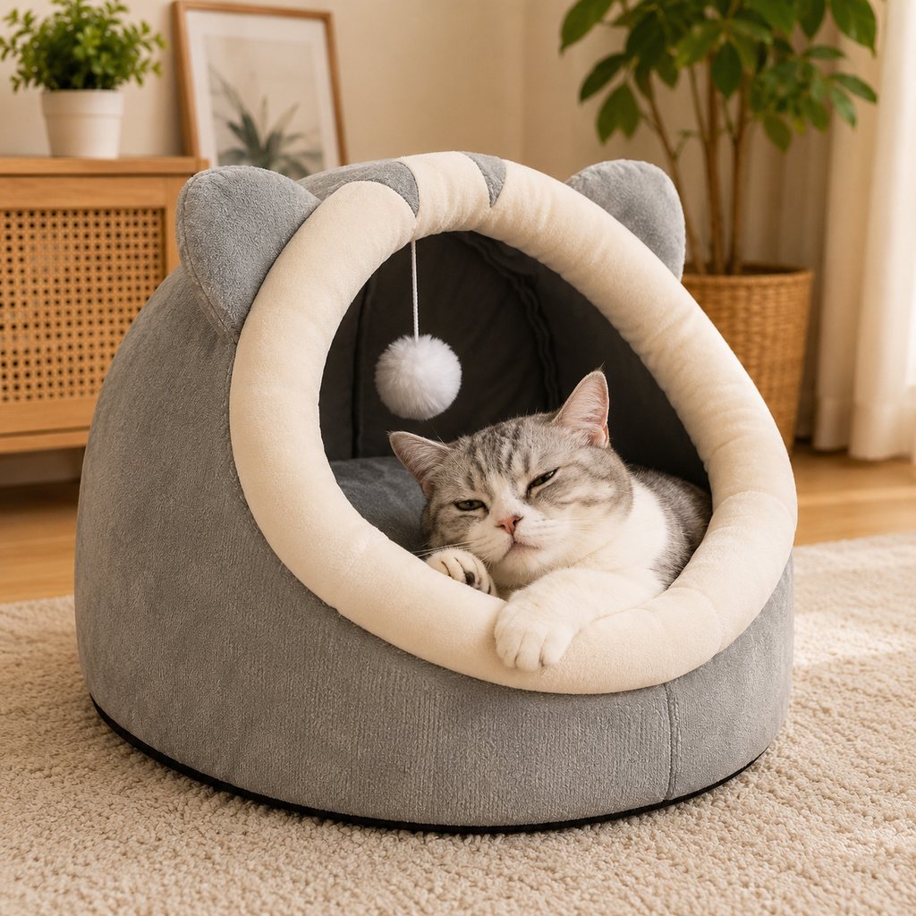 Semi-Enclosed Plush Pet Bed – Cozy Hideaway