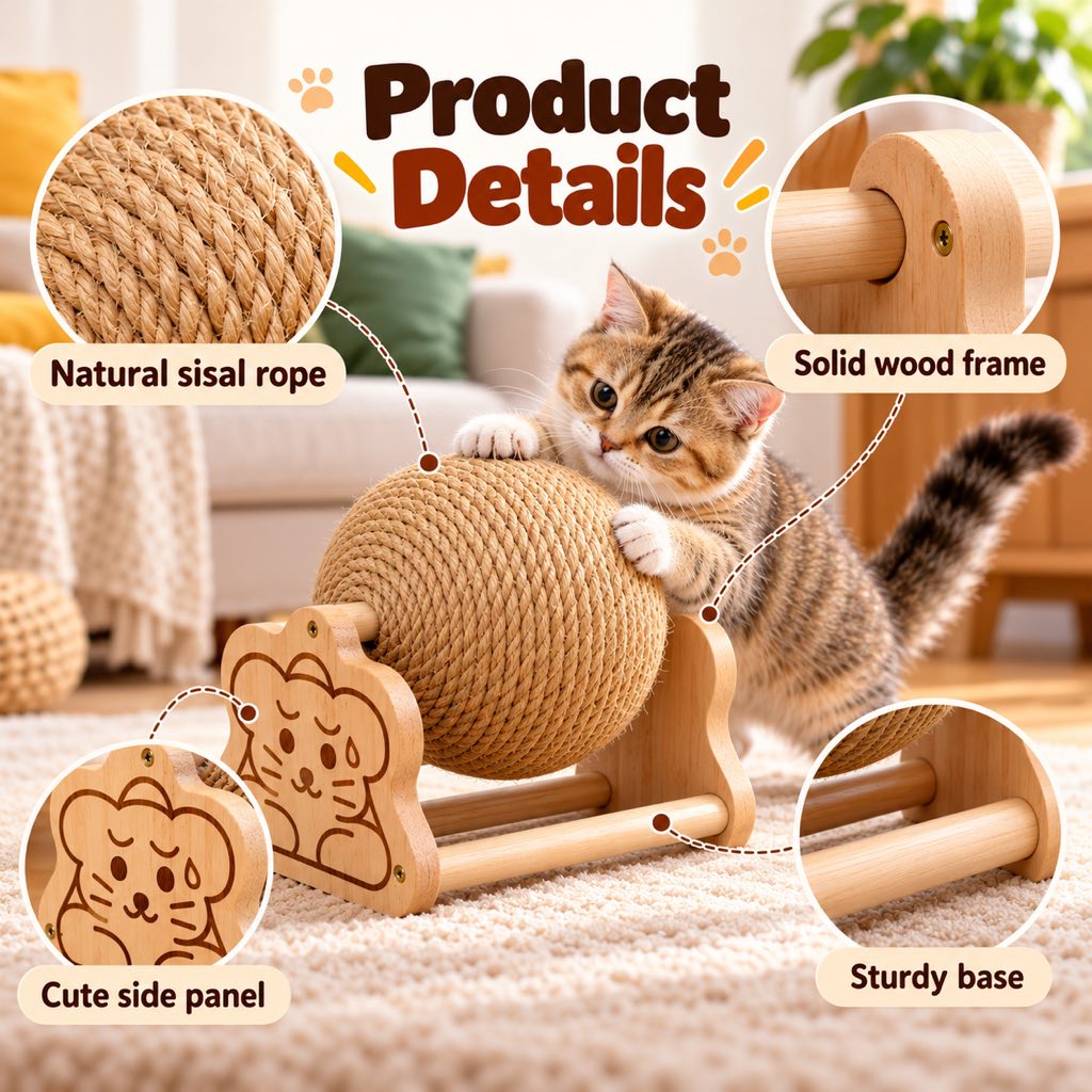 Sisal Cat Scratching Ball – Wooden Stand